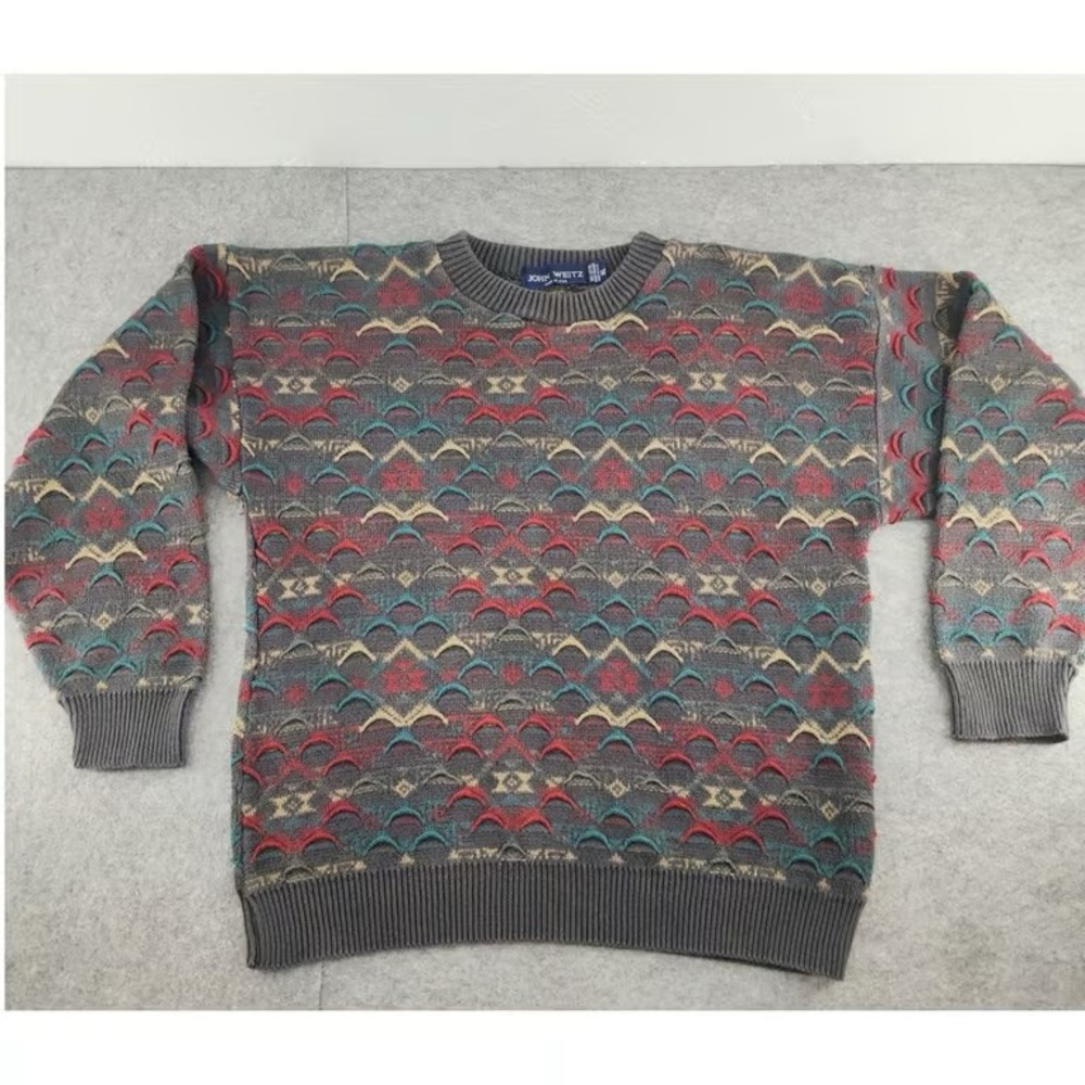 Gray Multi-Color Patterned Crewneck Sweater - Unbranded